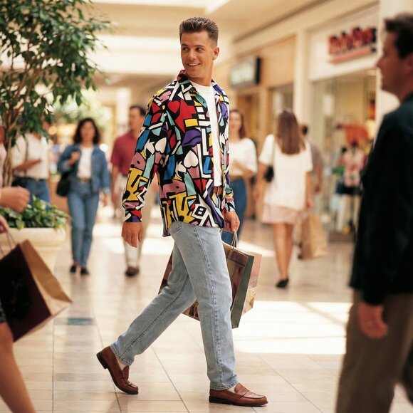 Big Dart Other - Big Dart Mens Abstract Geometric Print Button Up Shirt Vintage 90s Viscose M HTF